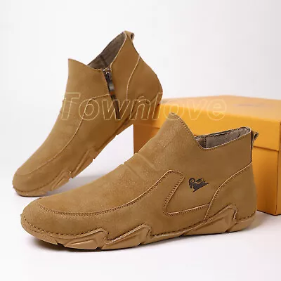 Men's Leather Ankle Boots Non-slip High Top Side Zipper Loafers Moccasin Shoes • $46.49