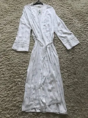 M&S Floral Lightweight Lace Insert Long Dressing Gown - White/Blue - Small • £19.99