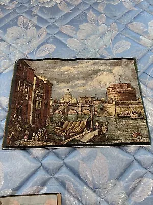 Antique Tapestry Italy Material 19x13” Made Italy People Venice ? Canal Scene • $40