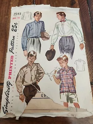 Vintage Simplicity Printed Pattern 2543 Home Sewing Boy's Shirts Cowboy Size 16 • $10.96