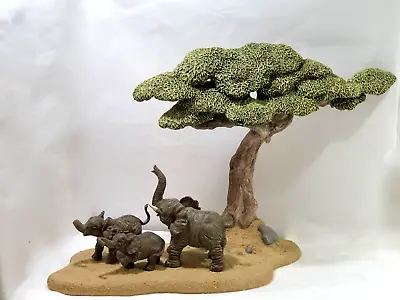 The Herd Small On The Move Base & Tree By Marty Sculptures W/ Set Of 3 Elephants • $134.99