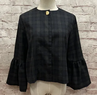 ZARA Womens Navy Tartan Plaid Bell Sleeve Cape Cropped Jacket Blazer Size XS • $34.30