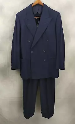 Vtg Hickey Freeman Double Breasted SUIT 38L/40R Mens Navy Blue Wool Jacket Pants • $180