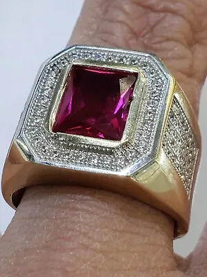  Man's 14k Solid Yellow Gold Simulated Red Ruby  Ring S 10 11 12 Cz • $799.90