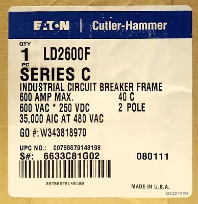 EATON CUTLER HAMMER LD2600F 2 Pole 600 AMP Type LD Circuit Breaker Frame ONLY • $950