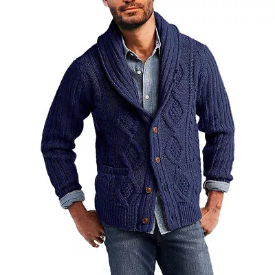 Mens Jumper Sweater Shawl Neck Thick Cable Knit Button Up Cardigan Warm Top Coat • $28.08