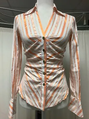 $35 • Buy Cache Snap Up Cuffs Ruched Front Collared Striped Top White-Orange-Gold XS/S