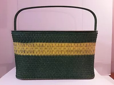 Vintage Wicker Picnic Basket Green W/Yellow Stripe Metal Tray Insert • $24.99