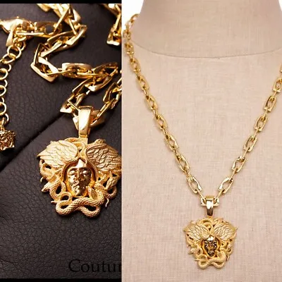 NEW $790 VERSACE Warm Gold Tone MEDUSA WINGED SERPENT Pendant Link NECKLACE NIB • $445