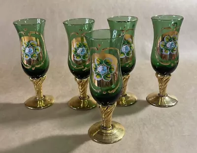 Vtg Murano Green Emerald Hand Painted Gold Trimmed Cordial Glasses Set Of 5 • $62.90