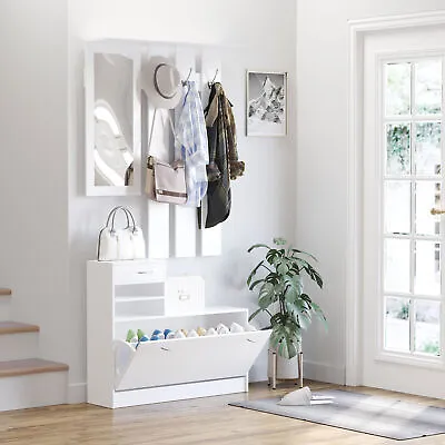 Entryway Organizer Shoe Storage Space Saving Mirror Chest Wardrobe Drawer White • £79.99