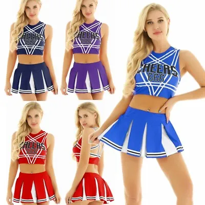 Women's Cheer Leader Uniform Fancy Dress Cheerleading Crop Top Mini Skirt Set • £13.99