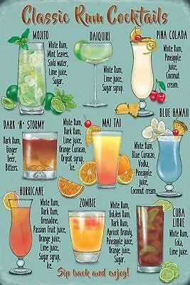 Rum Cocktails Menu Recipe Vintage Retro Style Metal Sign Bar Pub Man Cave • £3.49