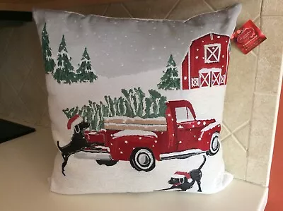 $20 • Buy NWT St Nicholas Christmas Farmhouse Red Truck W/Black Dogs Throw Pillow