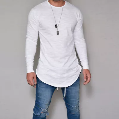 Mens Solid Long Sleeve T-Shirt Casual Slim Fit Muscle Tee Pullover Tunic Tops • £11.39