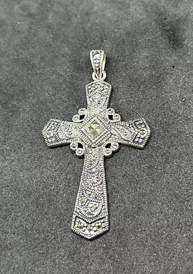 925 Sterling Silver Marcasite Religious Cross Pendant 2in - 7.09g • $32.99