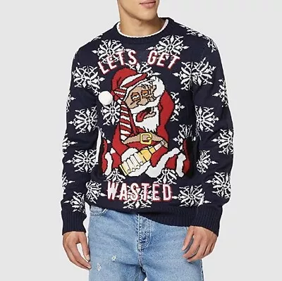 Mens Christmas Jumper Santa Xmas Wasted Lads Size Large  Navy Novelty MK-230WAST • £13.99