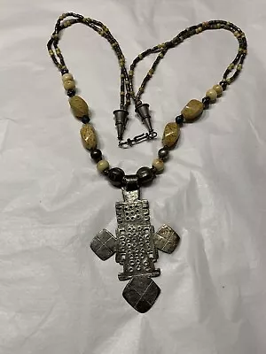 Vtg Bead Necklace 4” Pewter Cross Pendant Mixed Beads  • $19