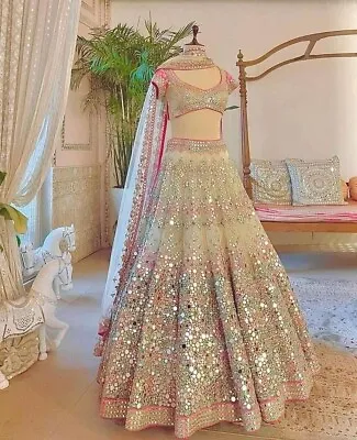 $76.80 • Buy Cream Real Mirror Work Lehenga Choli Party Wear Lengha Indian Saree Sari Skirt