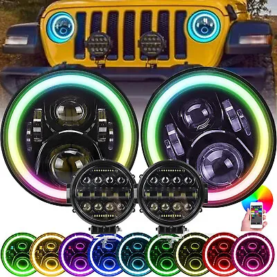 Pair 7  Round Halo LED Headlights RGB DRL & Offroad Lights For Jeep Wrangler JK • $149.99
