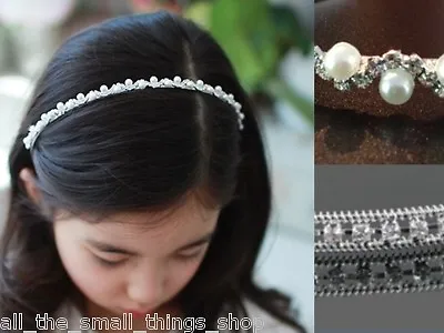 Child's Diamante Crystal Pearl Tiara Headband Hairband Alice Band Bridesmaid • £3.84