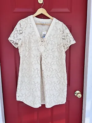 NEW Y2K ECI  NY Women’s Shift Dress Sz XL Mini Floral Lace Front Tie Ivory Lined • $2.99