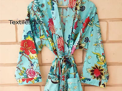 New Indian Kimono Women's Dressing Sky-Blue Floral Nightwear Maxi Gown Kimono AU • $37.43