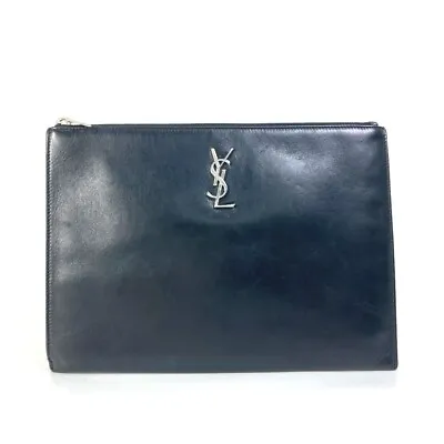 SAINT LAURENT PARIS 453249 YSL Logo Pouch Clutch Bag Leather Black • $616