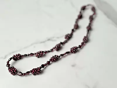 Estate Vintage Bohemian Red GARNET Braided Beaded Station Cluster Necklace 27  • $42.47