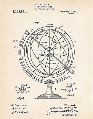 1915 Patent Art Print Globe Astronomy Lovers Buffs Cool Gifts For Him Men Kids • $9.95