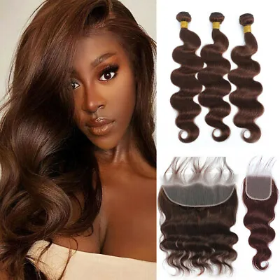 Light Brown Human Hair Bundles With Closure Body Wave Lace Frontal Remy Hair 10A • £59.95