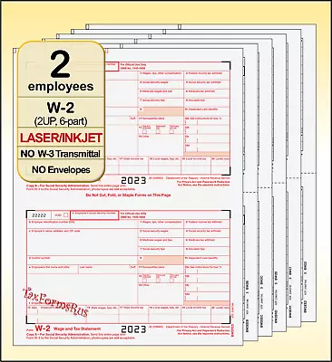 2023 IRS Tax Form W-2 Wage Stmts LASER Single Sheet Set For 2 Employees 6-part • $8.60