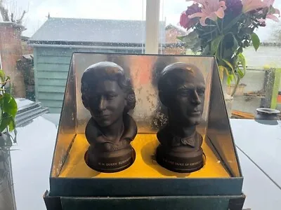 HM Queen Elizabeth II And HRH The Duke Of Edinburgh Busts Wedgwood Black Jasper • £80