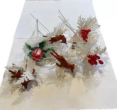 Vintage Christmas Floral Picks Flocked And Blowmold White Red Deer Holly Present • $23.40