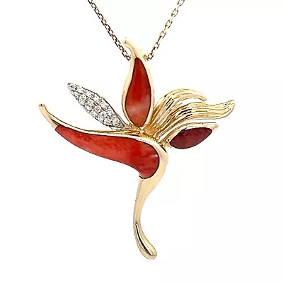 NA HOKU 14k Yellow Gold Bird Of Paradise Pendant Spiny Oyster Shell & Diamonds • $1094.15