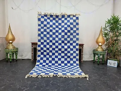 Beni Ourain Moroccan Handmade Rug 4'x6'8''  Checkered Berber White Blue Carpet • $384