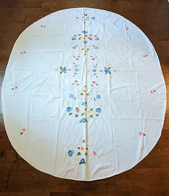 $40 • Buy Vintage Tablecloth Applique Embroidered Floral Oval Antique Handmade Linen EUC 