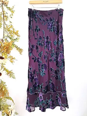 Stunning! Monsoon Purple & Multi Devore Silk Velvet Floral Boho Maxi Skirt 12/14 • £39.50