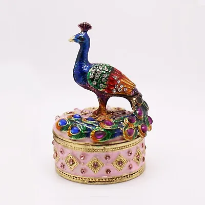 Bejeweled Enameled Bird Trinket Box/Figurine With Rhinestones-Standing Peacock • $16.99