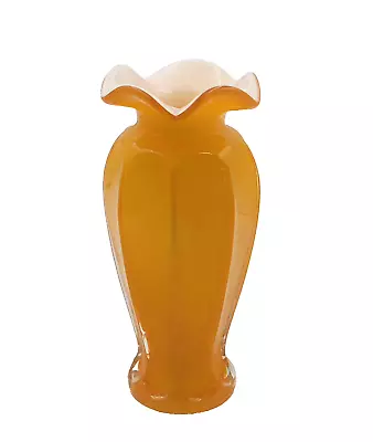 Art Glass Tangerine Orange Exterior And White Interior Ruffled Rim Vase • $22.39