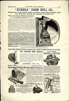 1890 Carpentry Print Ad  EUREKA  DOOR BELL CO. Boston STEARNS' SAW VISES NY • $14.96