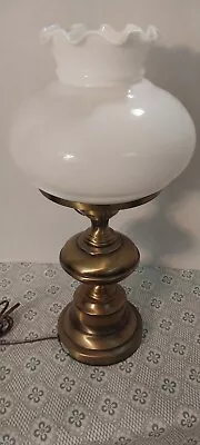 Vintage Brass Hurricane Table Lamp With White Milk Glass Ruffled 20  Tall • $15