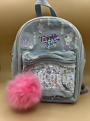 Skechers Twinkle Toes Denim Unicorn/Mermaid Backpack With Puff Ball Keychain EUC • $24.97