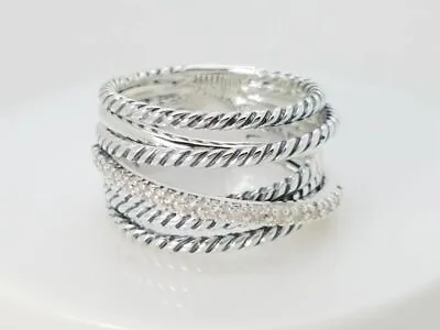 David Yurman Sterling Silver 925 Crossover Wide Cable Pave Diamond Ring Size 7 • $295