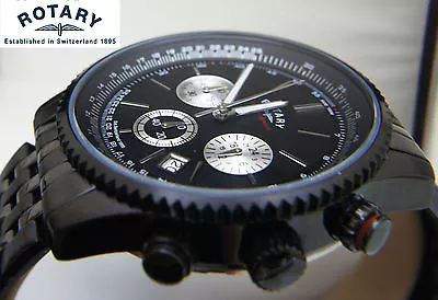 £84.99 • Buy Rotary Mens Watch Black Bracelet Chronograph Stainless Steel Rrp£180 Boxed