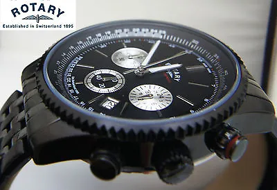 Rotary Mens Watch Black Bracelet Chronograph Stainless Steel Rrp£180 Boxed • £86.99