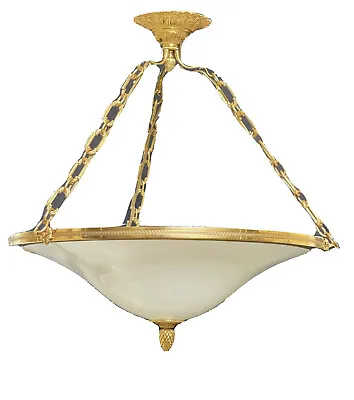 Vintage Bronze French Empire Neoclassical Pendant Chandelier Opaline Glass Bowl • $2495