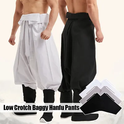 Mens Drop Low Crotch Baggy Hanfu Pants Belted Chinese Traditional Trousers NEW • $32.82