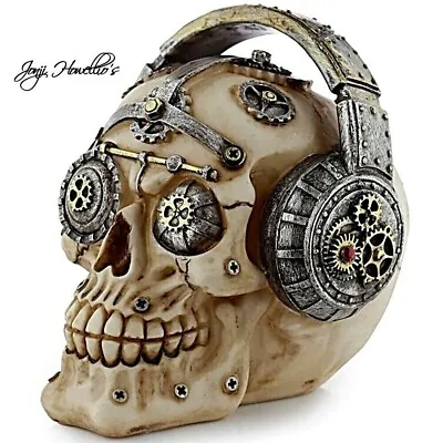 Steampunk Skull Ornament Wearing Headphones Cogs Gears Screws Gothic Pagan Wicca • £17.85