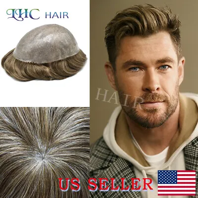 Full PU Mens Toupee Human Hair Replacement System Black Grey Brown Hairpiece Wig • $99.99
